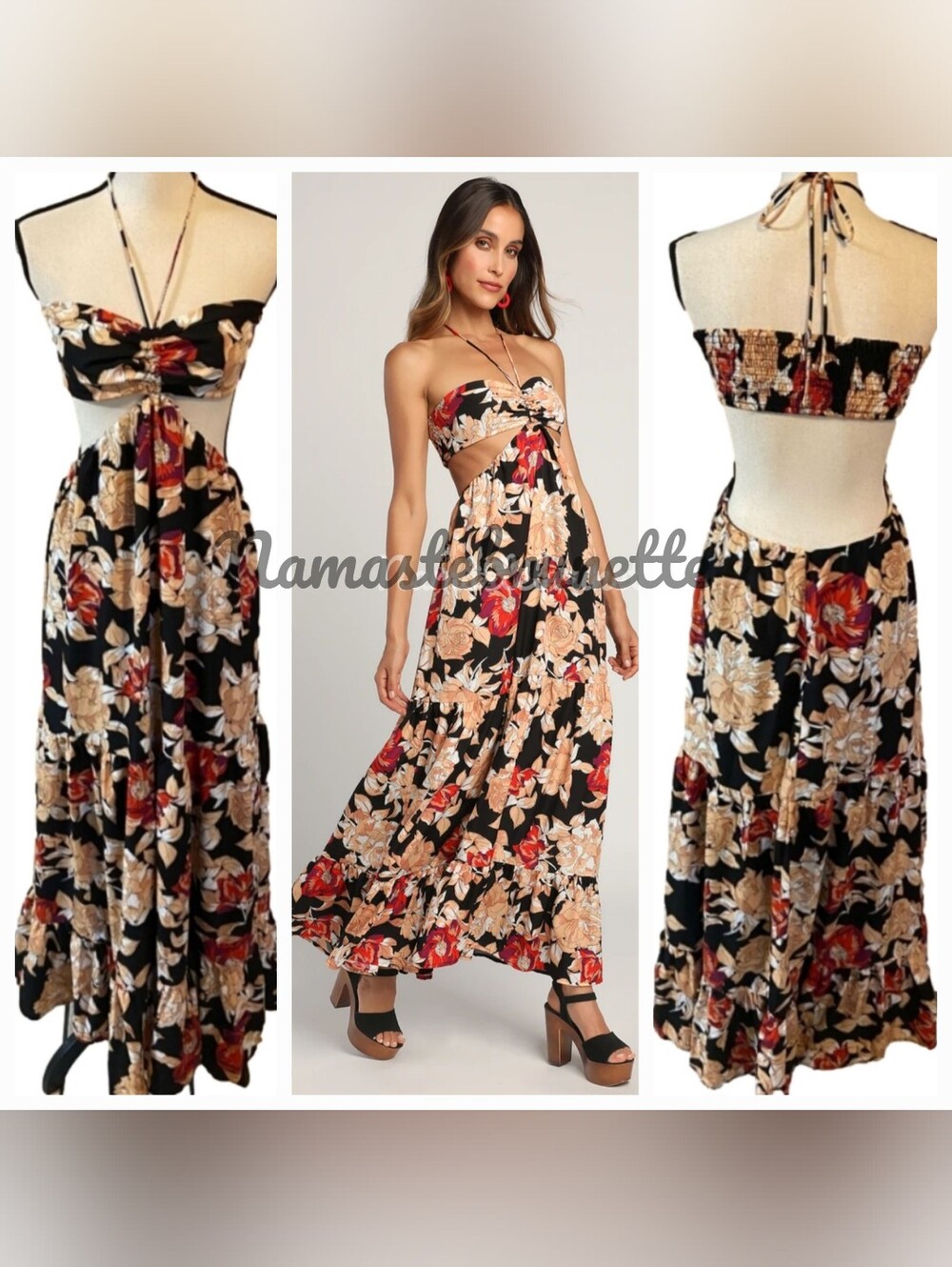Nwt Lulu's L Black Floral Print Cutout Halter Maxi Dress - Picture 10 of 16